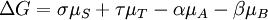 \Delta G =  \sigma \mu_{S} + \tau \mu_{T} - \alpha \mu_{A} - \beta \mu_{B}  \,