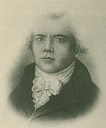Black and white bust painting of a young man with neckerchief in a coat. The hair is only faintly painted and looks grey.