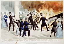 Historical illustration of the Princeton cannon explosion, with dozens of guests aboard. Caption reads