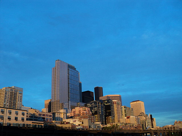File:Seattle skyline seen from waterfront evening June 2010.JPG