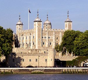 The Tower of London, seen from the River Thames, with a view of the water gate called